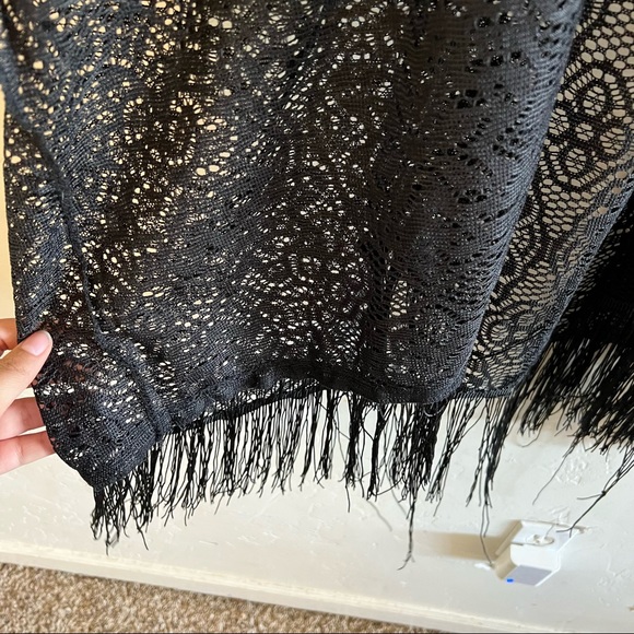 Black Lace Sheer Lace Fringe Trim Open Front Kimono Small - Picture 4 of 7